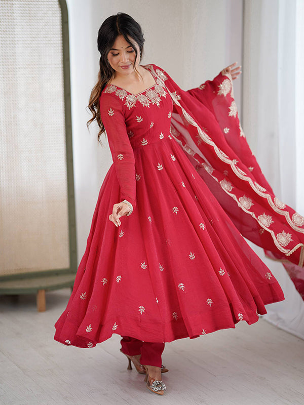 Red Embroidered Sequence Work Crunchy Silk Anarkali Gown With Dupatta
