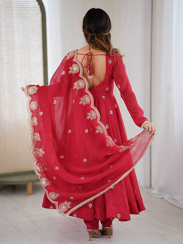 Red Embroidered Sequence Work Crunchy Silk Anarkali Gown With Dupatta