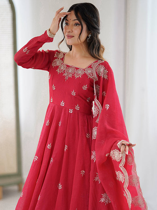 Red Embroidered Sequence Work Crunchy Silk Anarkali Gown With Dupatta