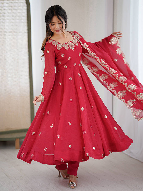 Red Embroidered Sequence Work Crunchy Silk Anarkali Gown With Dupatta