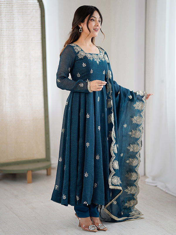Teal Blue Embroidered Sequence Work Crunchy Silk Anarkali Gown With Dupatta