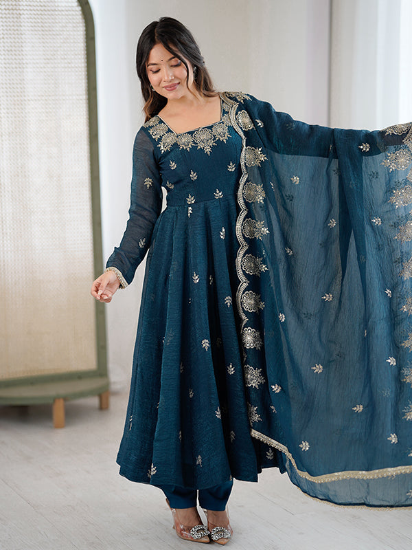 Teal Blue Embroidered Sequence Work Crunchy Silk Anarkali Gown With Dupatta