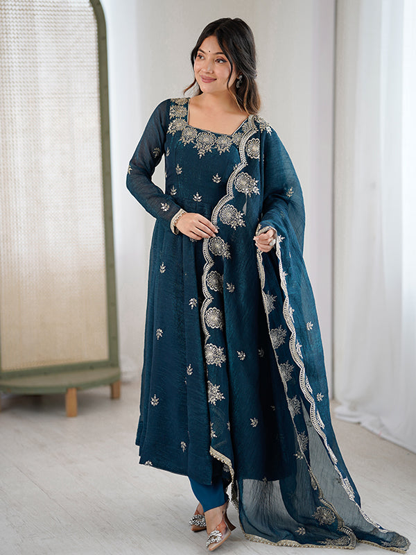 Teal Blue Embroidered Sequence Work Crunchy Silk Anarkali Gown With Dupatta