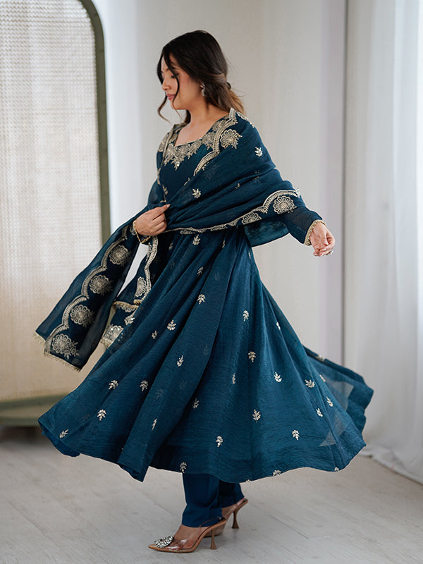 Teal Blue Embroidered Sequence Work Crunchy Silk Anarkali Gown With Dupatta