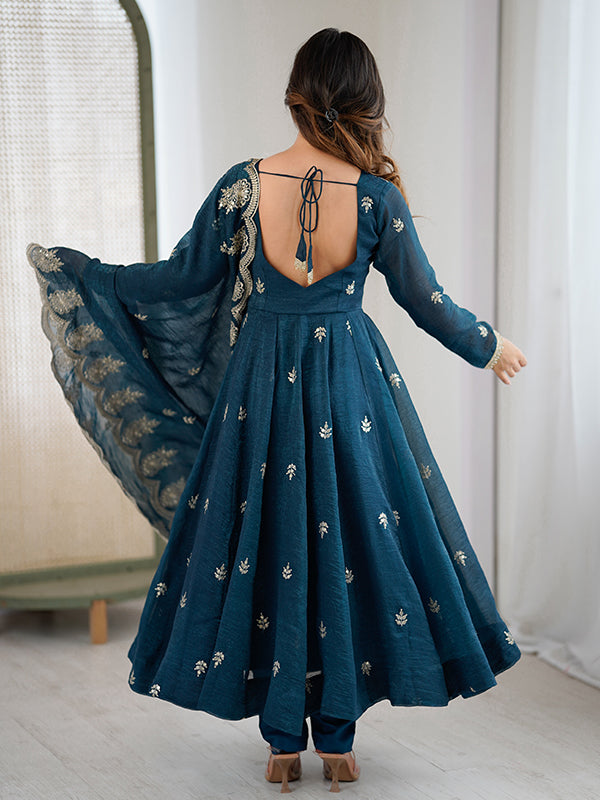 Teal Blue Embroidered Sequence Work Crunchy Silk Anarkali Gown With Dupatta