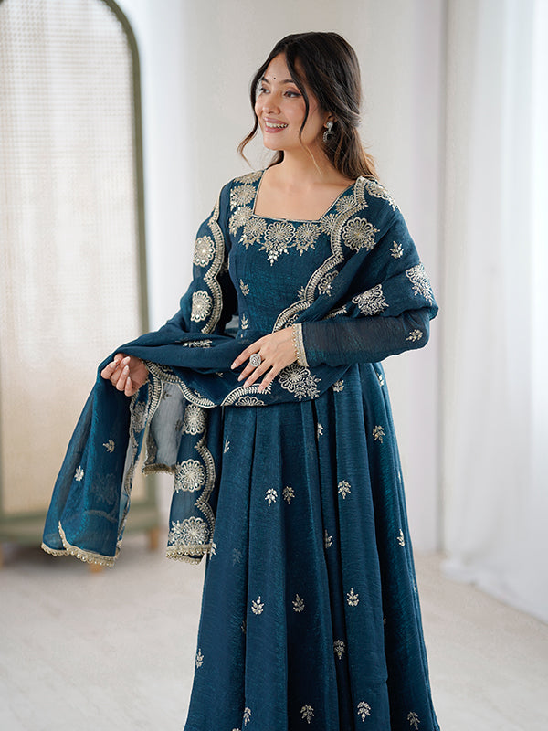 Teal Blue Embroidered Sequence Work Crunchy Silk Anarkali Gown With Dupatta