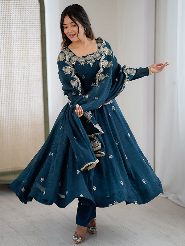 Teal Blue Embroidered Sequence Work Crunchy Silk Anarkali Gown With Dupatta