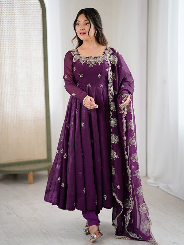 Wine Embroidered Sequence Work Crunchy Silk Anarkali Gown With Dupatta