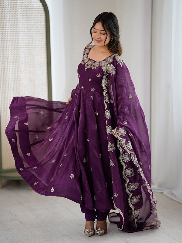 Wine Embroidered Sequence Work Crunchy Silk Anarkali Gown With Dupatta