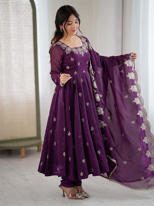 Wine Embroidered Sequence Work Crunchy Silk Anarkali Gown With Dupatta
