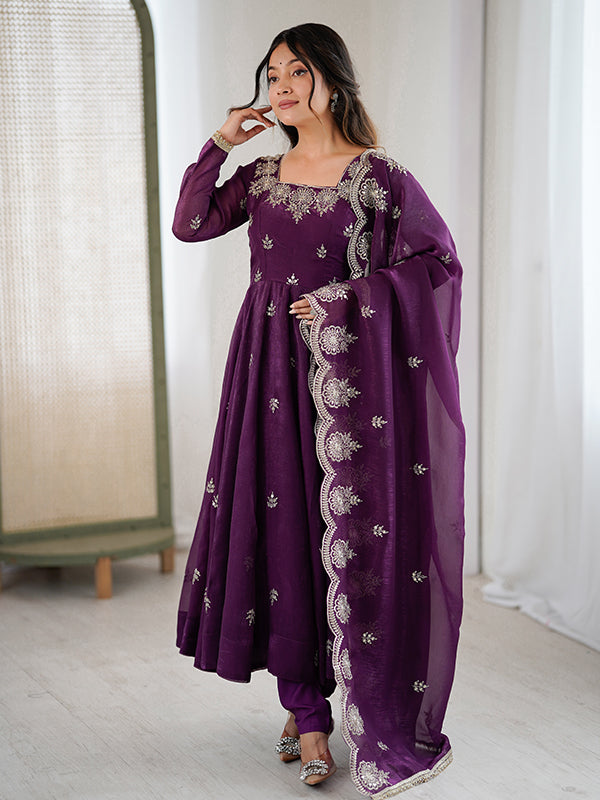Wine Embroidered Sequence Work Crunchy Silk Anarkali Gown With Dupatta