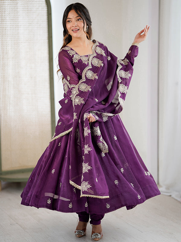 Wine Embroidered Sequence Work Crunchy Silk Anarkali Gown With Dupatta