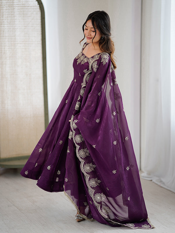 Wine Embroidered Sequence Work Crunchy Silk Anarkali Gown With Dupatta