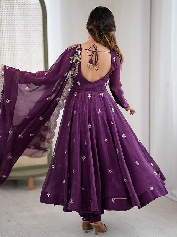 Wine Embroidered Sequence Work Crunchy Silk Anarkali Gown With Dupatta