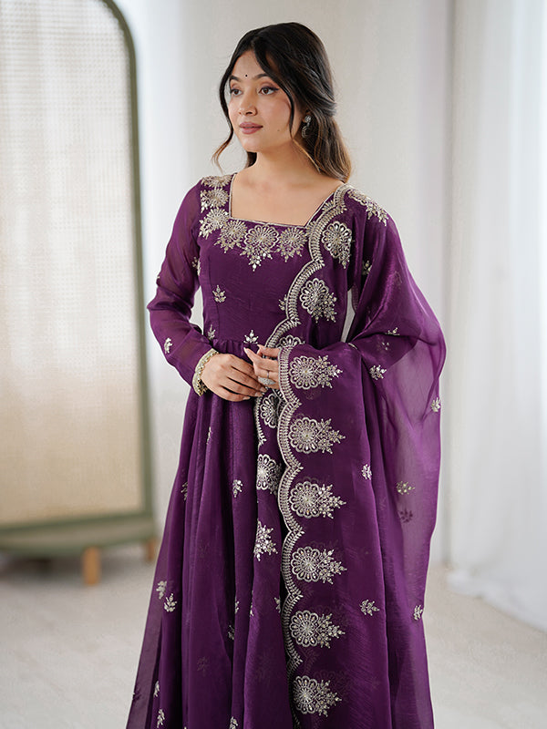 Wine Embroidered Sequence Work Crunchy Silk Anarkali Gown With Dupatta
