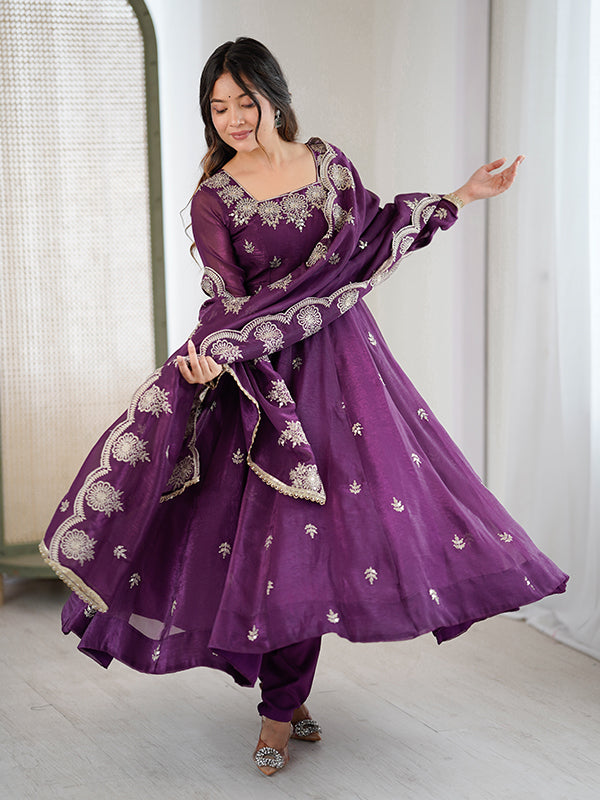 Wine Embroidered Sequence Work Crunchy Silk Anarkali Gown With Dupatta
