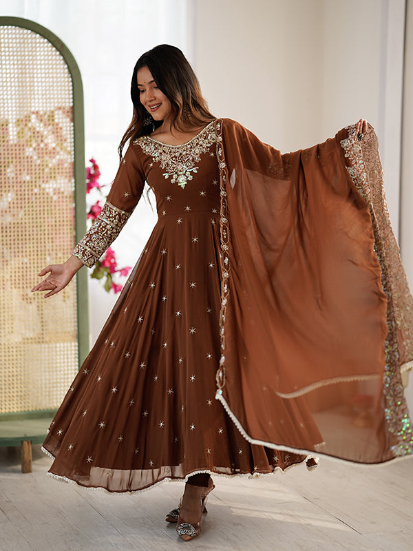 Brown Rainbow Sequence Work Anarkali Gown With Dupatta