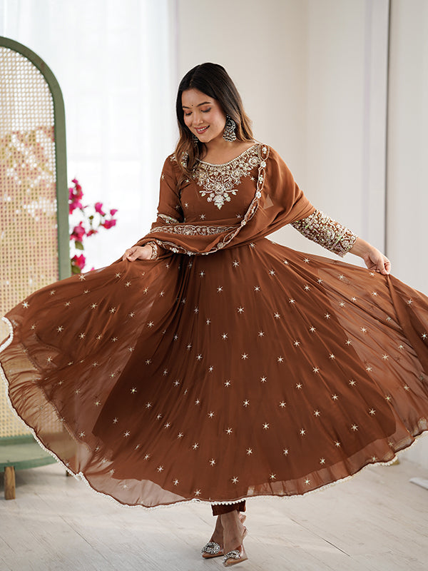 Brown Rainbow Sequence Work Anarkali Gown With Dupatta