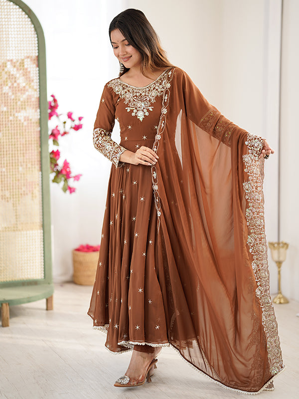 Brown Rainbow Sequence Work Anarkali Gown With Dupatta