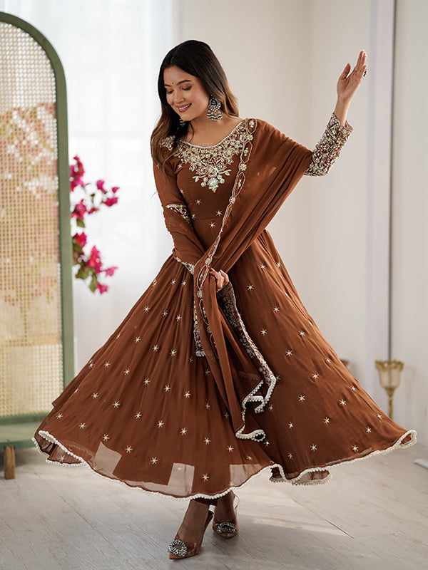 Brown Rainbow Sequence Work Anarkali Gown With Dupatta