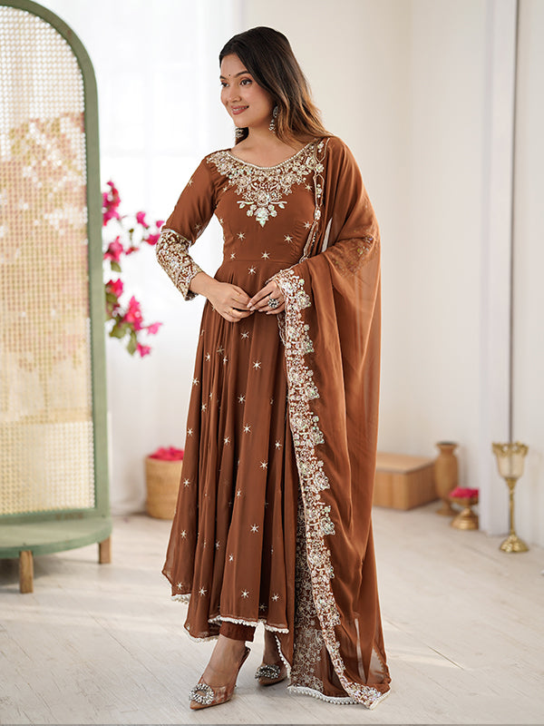 Brown Rainbow Sequence Work Anarkali Gown With Dupatta