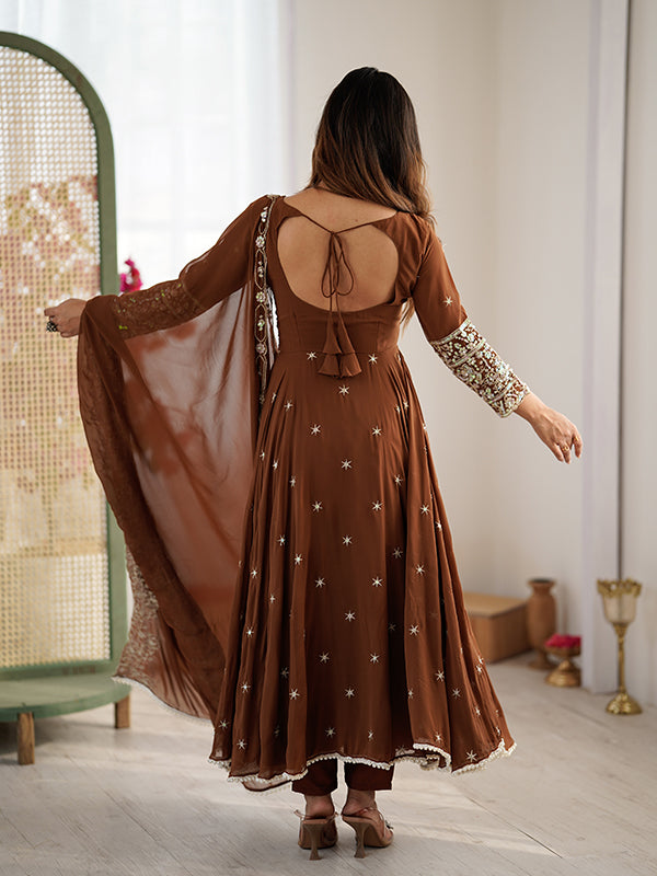 Brown Rainbow Sequence Work Anarkali Gown With Dupatta
