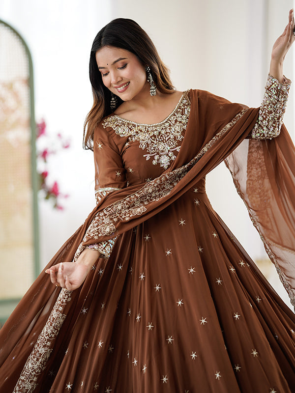 Brown Rainbow Sequence Work Anarkali Gown With Dupatta