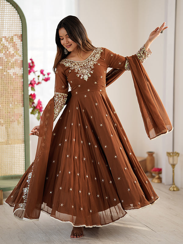 Brown Rainbow Sequence Work Anarkali Gown With Dupatta