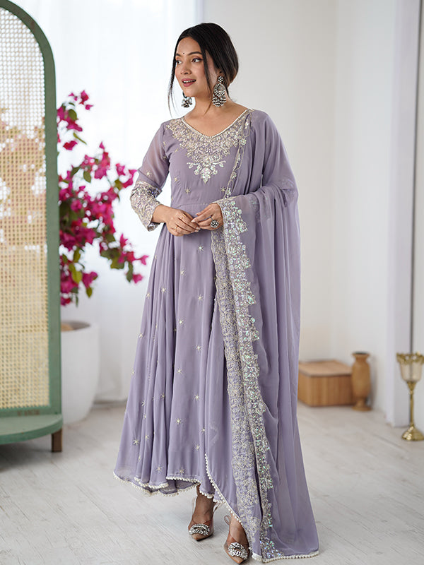 Lavender Rainbow Sequence Work Anarkali Gown With Dupatta