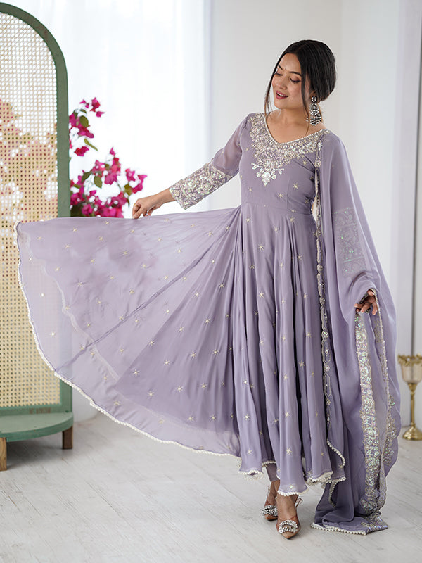 Lavender Rainbow Sequence Work Anarkali Gown With Dupatta