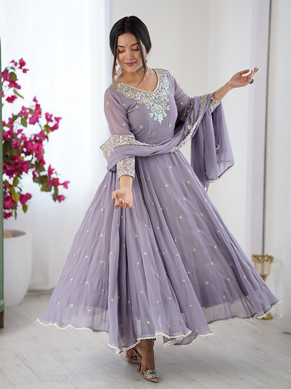 Lavender Rainbow Sequence Work Anarkali Gown With Dupatta