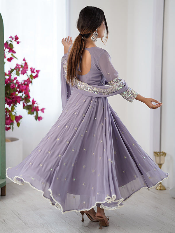 Lavender Rainbow Sequence Work Anarkali Gown With Dupatta