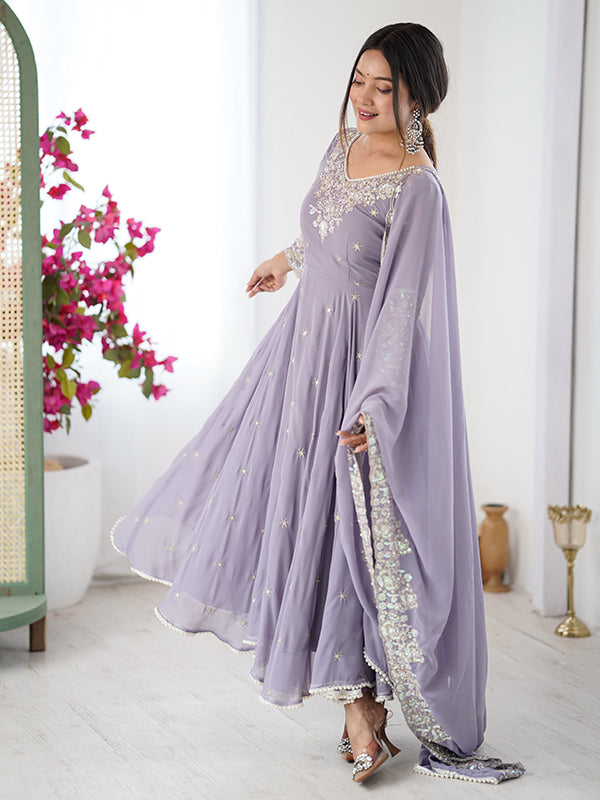 Lavender Rainbow Sequence Work Anarkali Gown With Dupatta