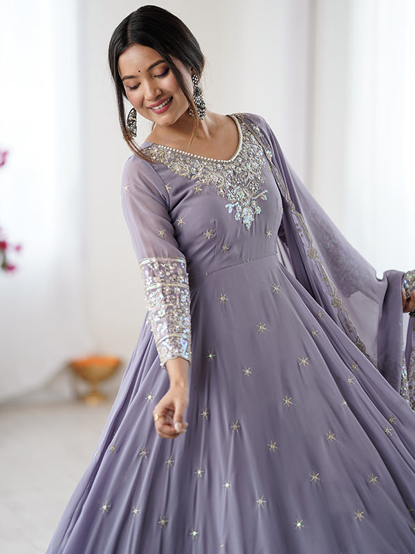 Lavender Rainbow Sequence Work Anarkali Gown With Dupatta