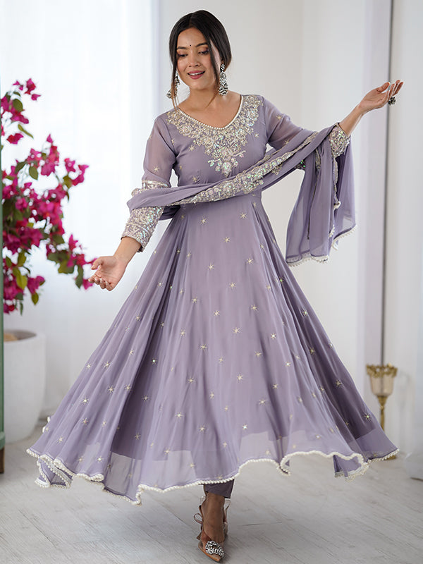 Lavender Rainbow Sequence Work Anarkali Gown With Dupatta