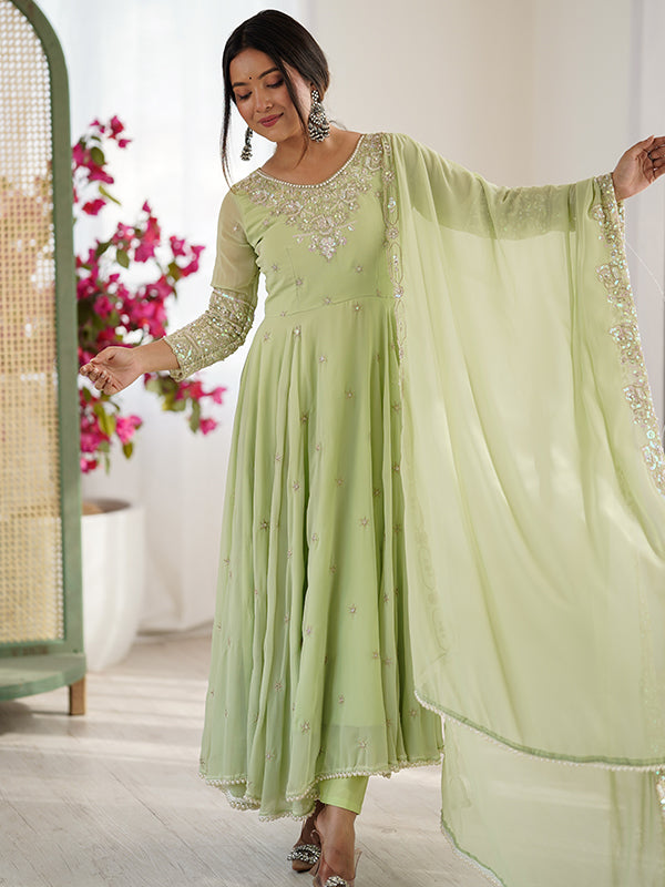 Pista Green Rainbow Sequence Work Anarkali Gown With Dupatta