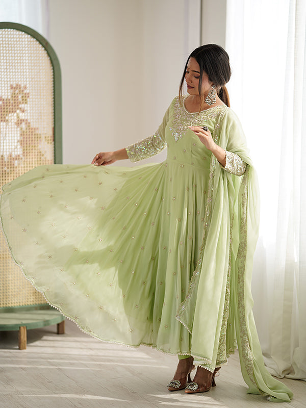 Pista Green Rainbow Sequence Work Anarkali Gown With Dupatta