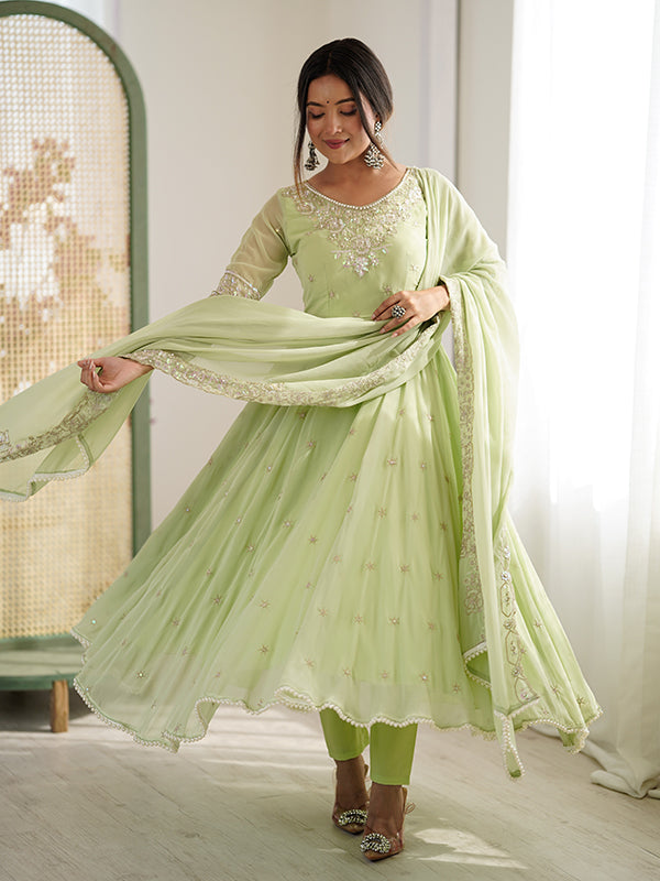 Pista Green Rainbow Sequence Work Anarkali Gown With Dupatta