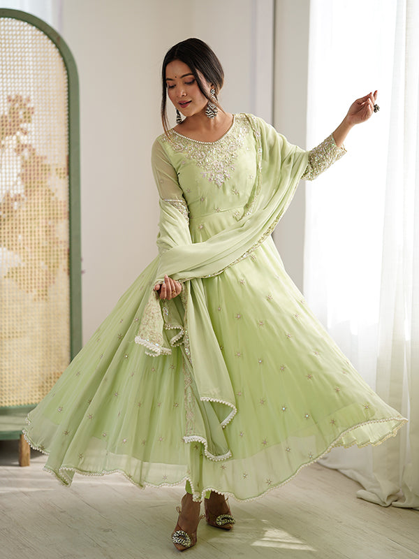 Pista Green Rainbow Sequence Work Anarkali Gown With Dupatta