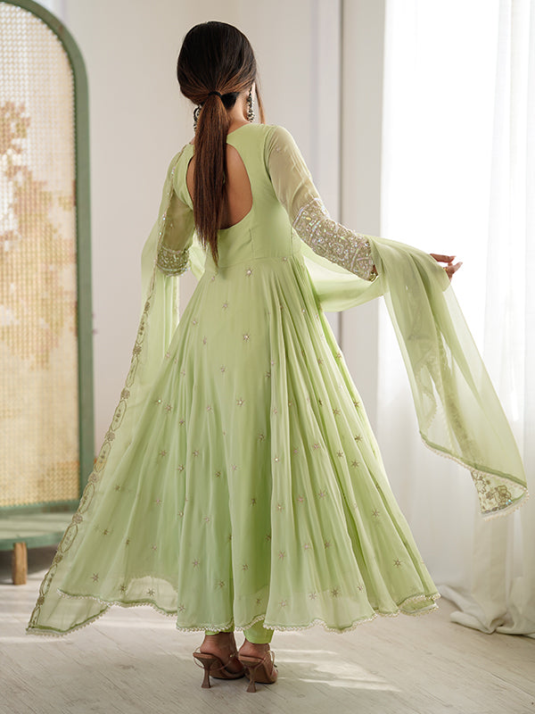 Pista Green Rainbow Sequence Work Anarkali Gown With Dupatta