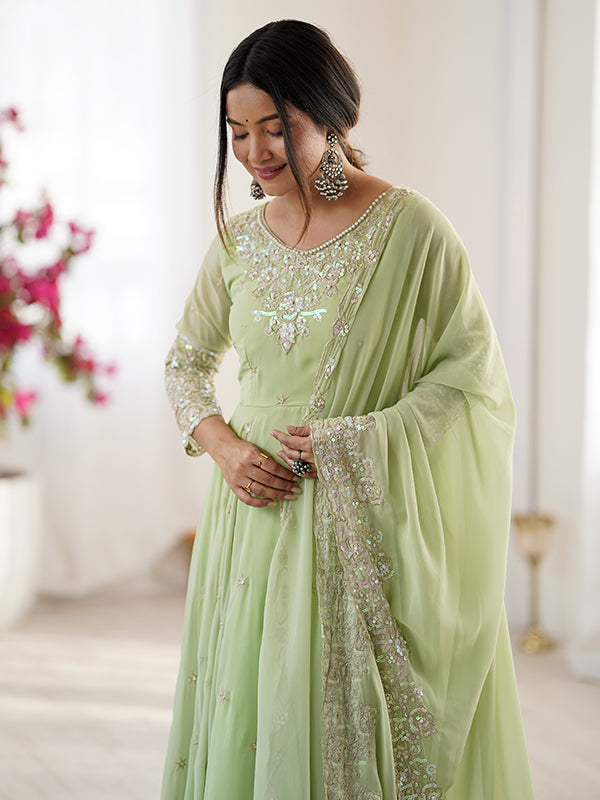 Pista Green Rainbow Sequence Work Anarkali Gown With Dupatta