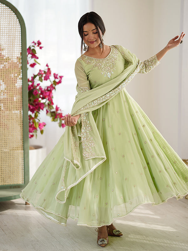 Pista Green Rainbow Sequence Work Anarkali Gown With Dupatta