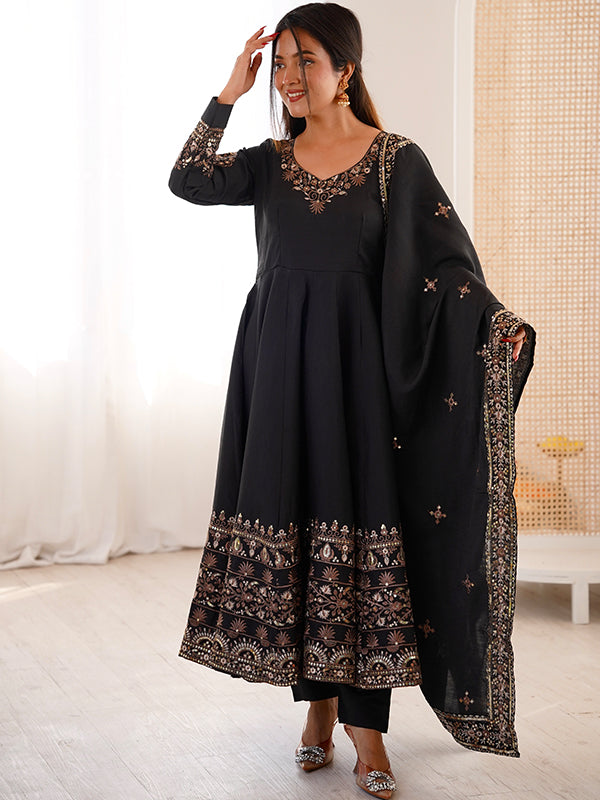 Black Embroidery Sequence Work Roman Silk Gown With Dupatta