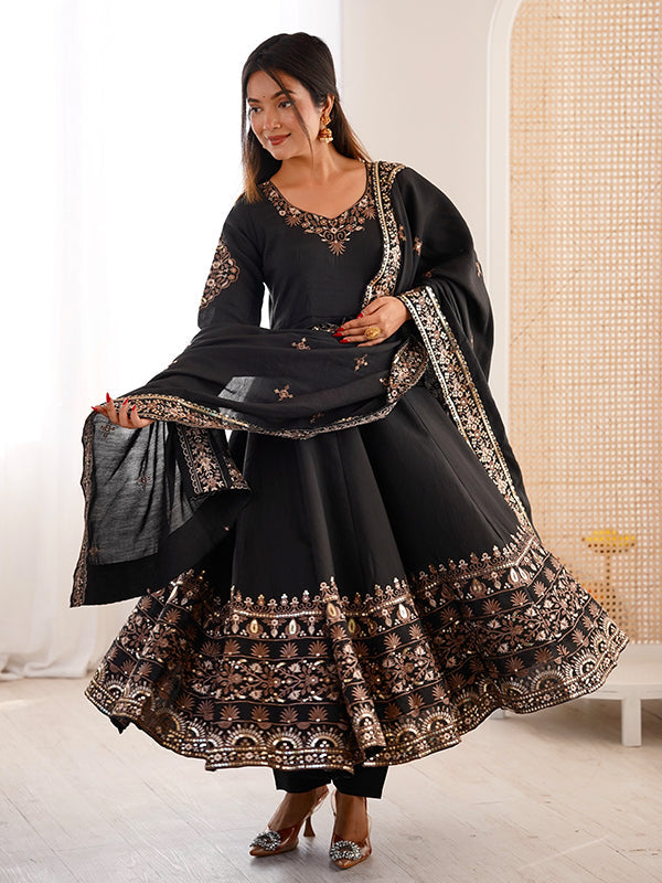 Black Embroidery Sequence Work Roman Silk Gown With Dupatta