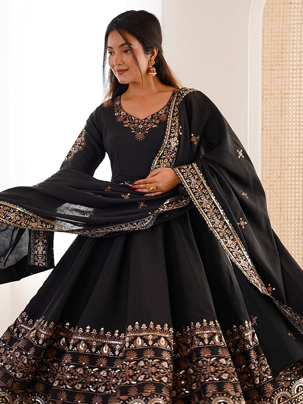 Black Embroidery Sequence Work Roman Silk Gown With Dupatta