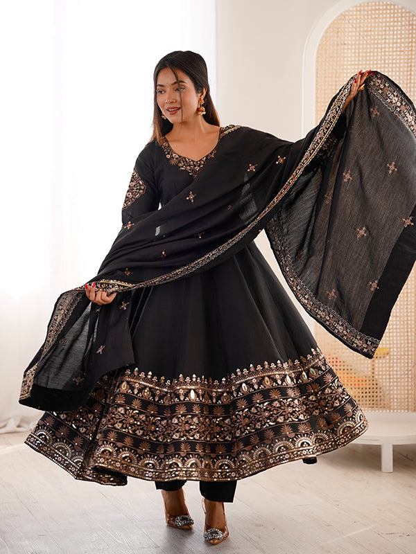 Black Embroidery Sequence Work Roman Silk Gown With Dupatta