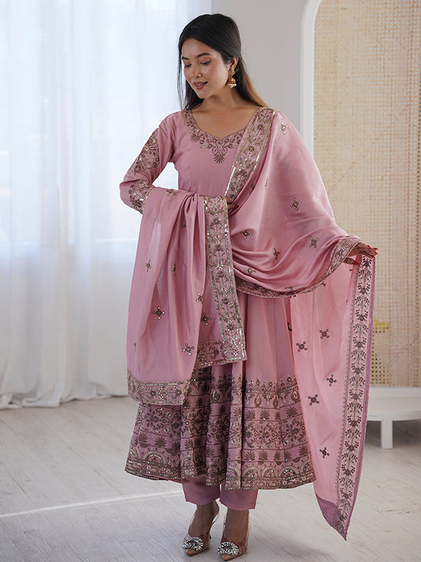 Light Pink Embroidery Sequence Work Roman Silk Gown With Dupatta