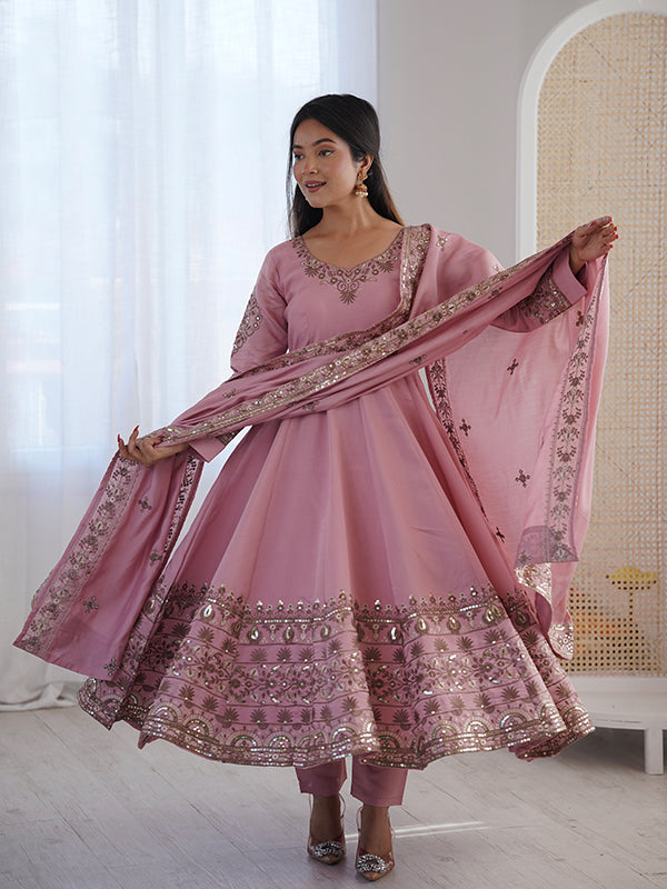 Light Pink Embroidery Sequence Work Roman Silk Gown With Dupatta