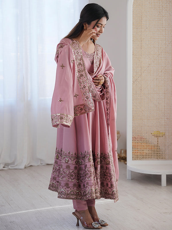 Light Pink Embroidery Sequence Work Roman Silk Gown With Dupatta