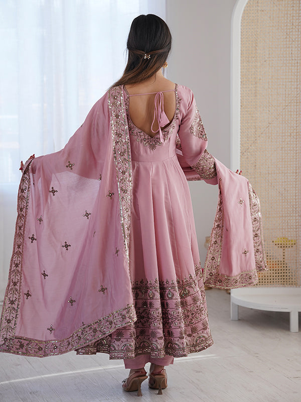 Light Pink Embroidery Sequence Work Roman Silk Gown With Dupatta